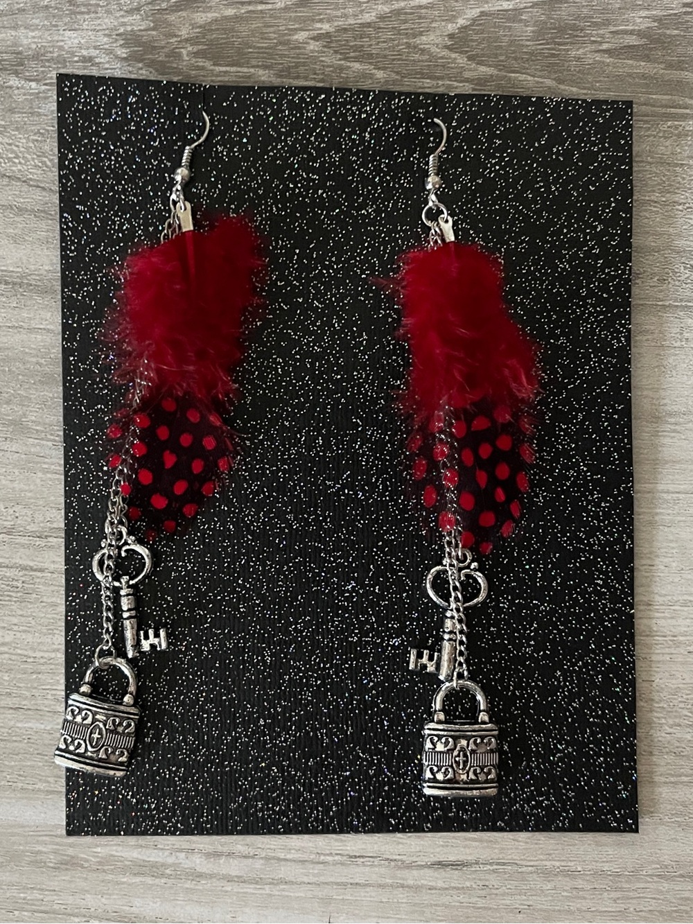 Red Feather Silver Lock and Key Earrings